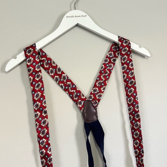 Vintage Men’s PELICAN USA Silk Suspenders Braces Red Multi Geometric Print OS - Picture 2 of 8